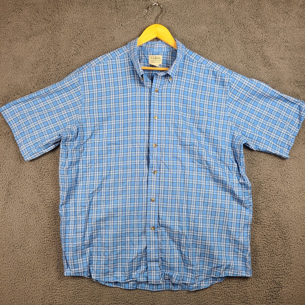 LL Bean Mens XXL Blue Plaid Short Sleeve Button Down Shirt Traditional Fit